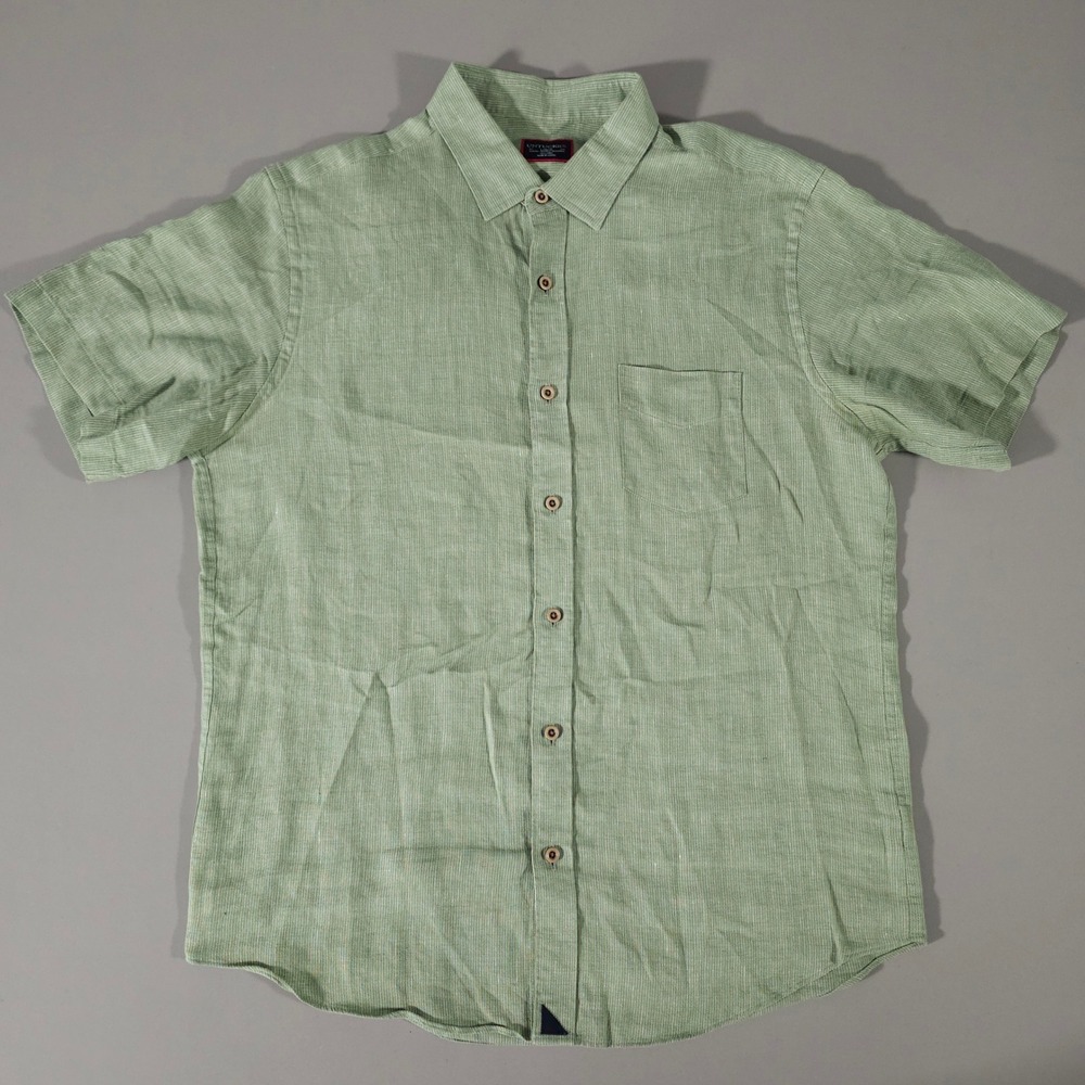 UNTUCKit Button Down Mens Large Green Linen Slim Fit Wrinkle Resistant Shirt